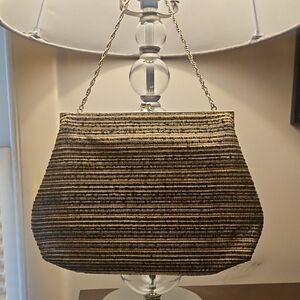 Vintage Striped Kiss Lock Evening Clutch in Black/Brown/Gold 9.5x7